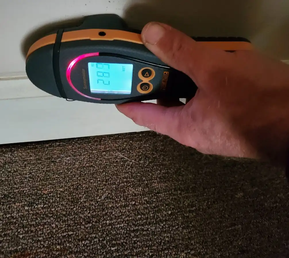 Moisture detection at baseboard during Storm Damage Restoration in Goddard